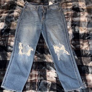 Distressed Straight-Leg Blue Jeans